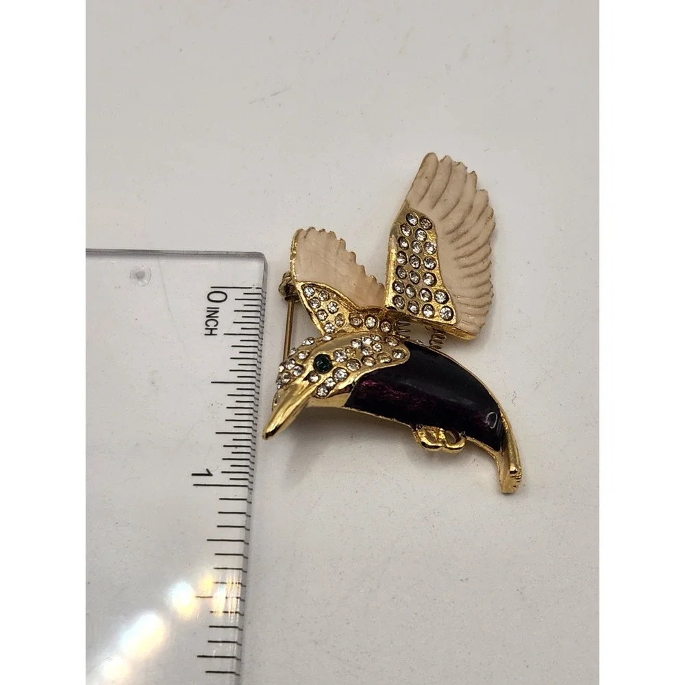 Gold Tone Purple Enamel Rhinestone Hummingbird Trembler Brooch Pin‎ Bird